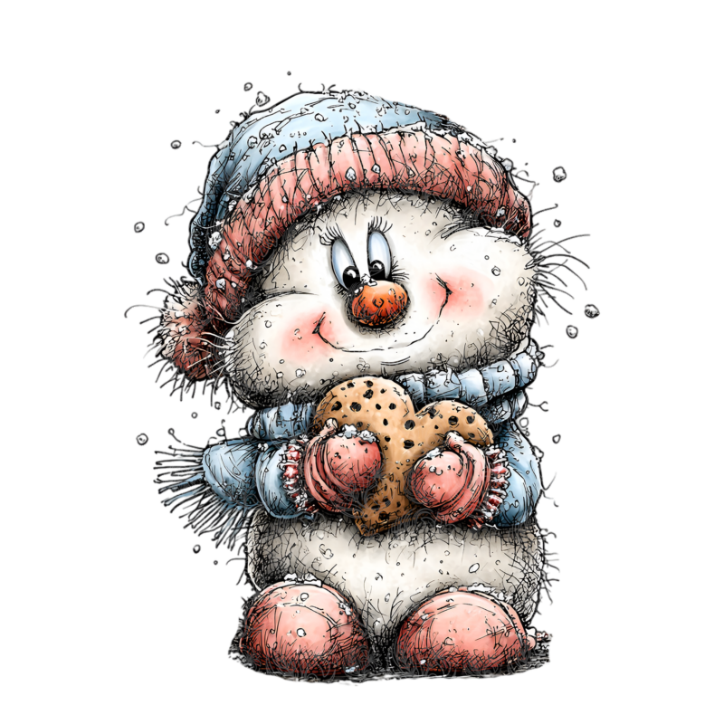 Whimsical snowman in knit hat and scarf hugging a chocolate chip cookie, Grey Barn Handwerk, Saskatchewan.